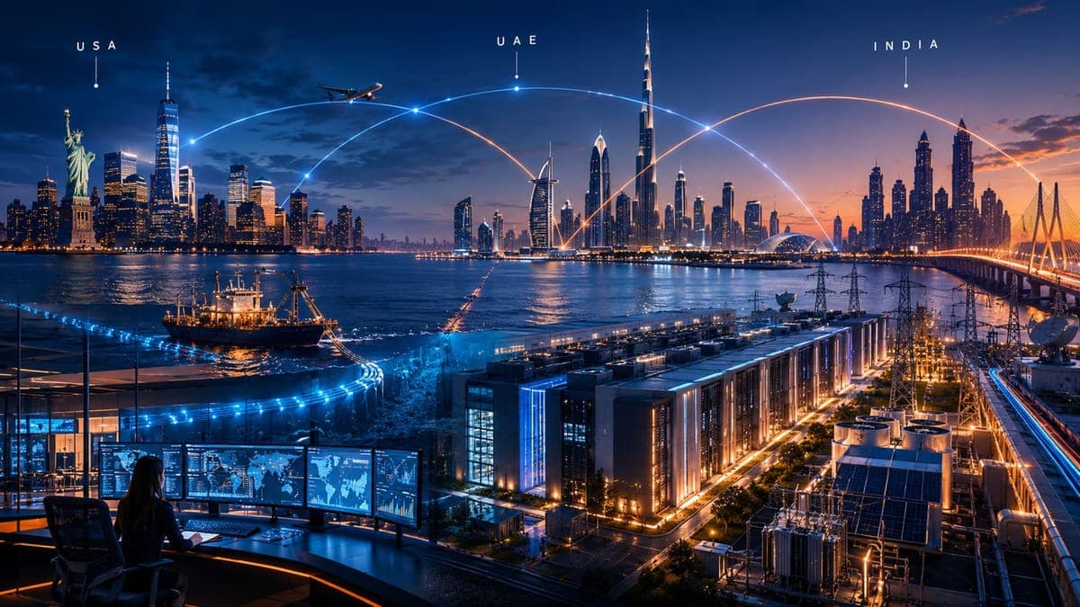 US, UAE and India skylines connected by light corridors
