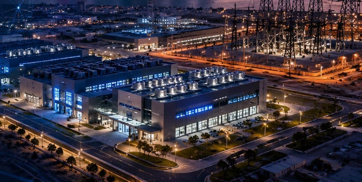Hyperscale data centre campus at dusk