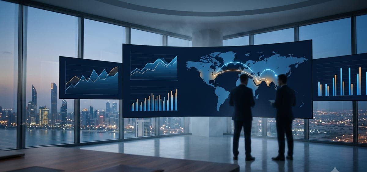 Executive strategy room overlooking a Gulf skyline at dusk, with analysts reviewing AI infrastructure capacity and global corridor data